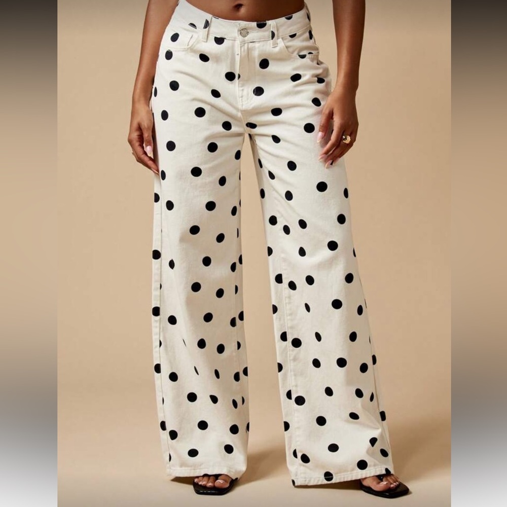 🖤Missguided High Rise White Wide-Leg Polka Dot Pants/Jeans-29🖤